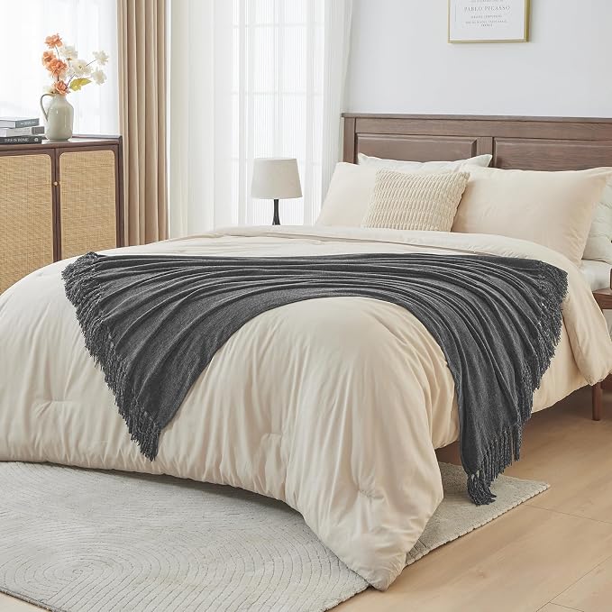 CozeCube Chenille Throw Blanket, Charcoal Grey Fringe Blanket, 60"X80" | For Couch, Cozy Plush Fuzzy Decorative Blanket with Fringe Tassels, Lightweight Throws for Bed Sofa Gift Home Decor