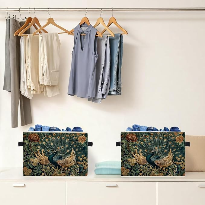 Peacock Floral Storage Box Bins, Vintage Cottagecore Wildflower Peacock Collapsible Storage Basket Organizer for Bedroom Laundry Room Home Clothes Books, Decor for Room
