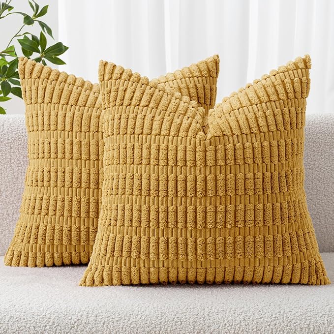 MIULEE Corduroy Decorative Throw Pillow Covers 18x18 Yellow Pack of 2 | Soft Boho Striped Pillow Covers Modern Farmhouse Home Decor For Sofa Living Room Couch Bed
