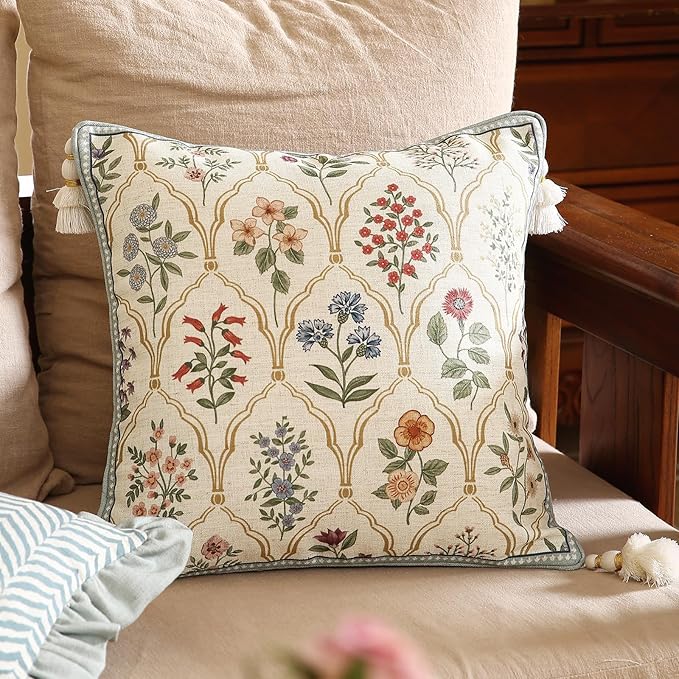 Designer Vintage Linen Throw Pillow Cover,18"x18"-Serenity B | French Elegant Square Decor Pillow Cover,Concealed Zipper Design,Colorful Floral Pattern,Sofa,Bedroom,Living Room,Chairs