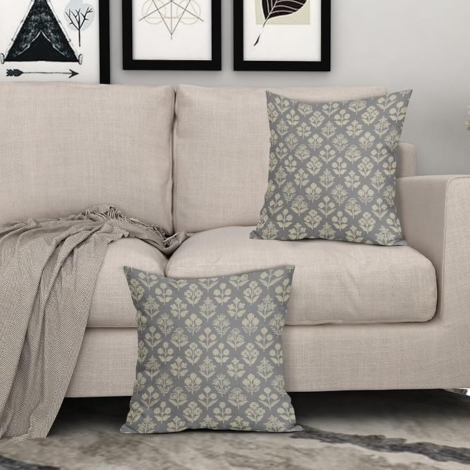 Grey Gray Floral Block Print Pillow Covers 20x20 Inch Set of 2, Vintage Flower Pattern Decorative Throw Pillowcases Outdoor Farmhouse Cushion Covers Spring Summer Rustic Sofa Couch Bed Decor