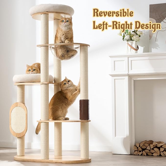 Modern Solid Wood Cat Tree for Indoor Cats Up to 15lbs, 60" Tall & Wide Cat Tower with Scratching Posts, Scratcher & Self-Grooming, Large Cat Beds, Capsule Nest, Multi-Level Cat Furniture
