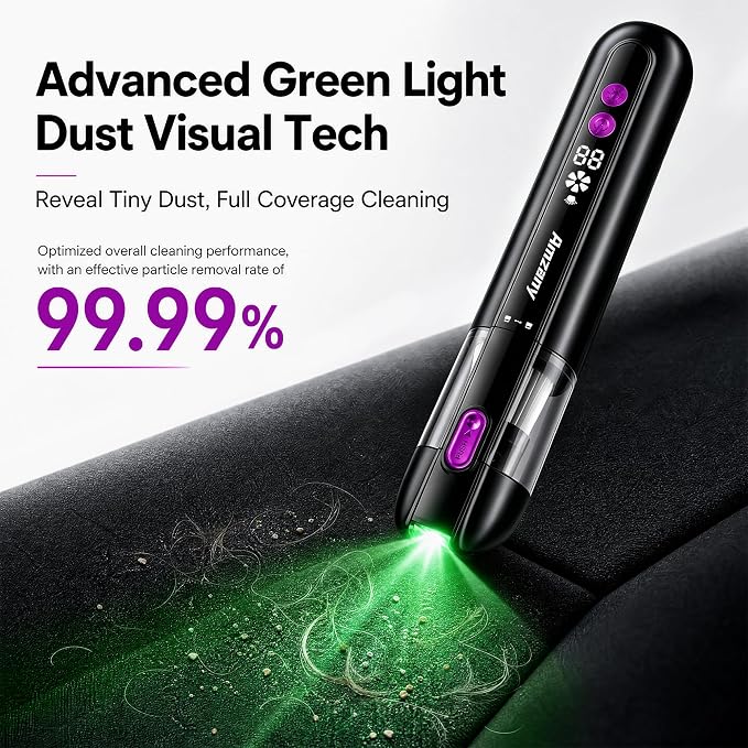 Amzany Cordless Handheld Vacuum for Car & Home, 19000Pa Suction, 80000RPM Brushless Motor, 4 in 1 Mini Portable Pet Hair Vacuum Cleaner, Green LED Dust Detection, 435g Lightweight, Type-C Charging