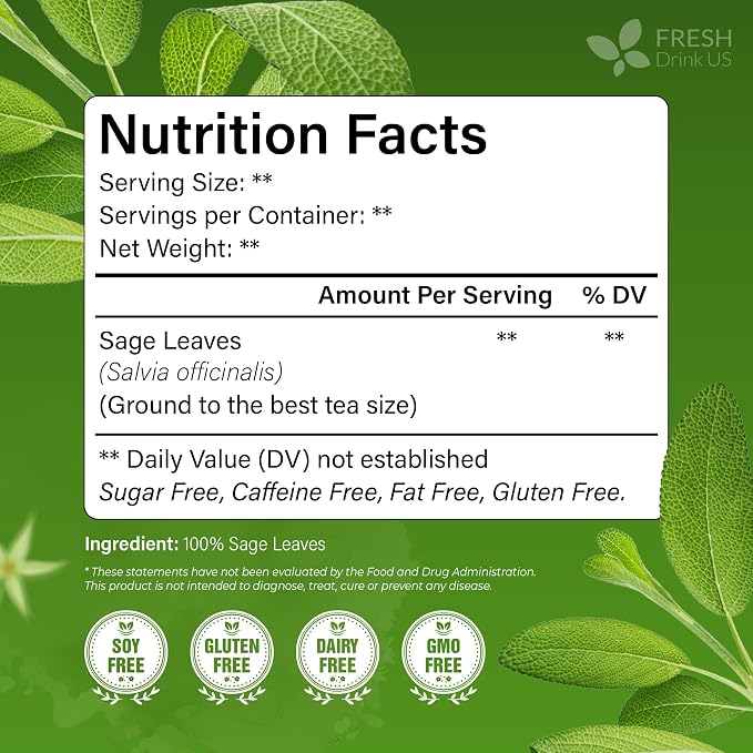 FreshDrinkUS, 75 Sage Leaf Tea Bags, 100% Natural & Pure from Sage Leaves. Loose Leaf Sage Herbal Tea. Sage Leaf Tea. Made with Natural Material Tea Bags. No Sugar, No Caffeine, No Gluten, Vegan.