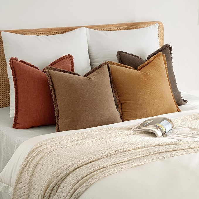 MIULEE Fall Linen Fringe Pillow Covers Set of 4 18x18 Orange/Yellow | Boho Farmhouse Decorative Throw Pillow Covers, Neutral Soft Rustic Cushion Cases, for Couch Sofa Bed Living Room Home Decor