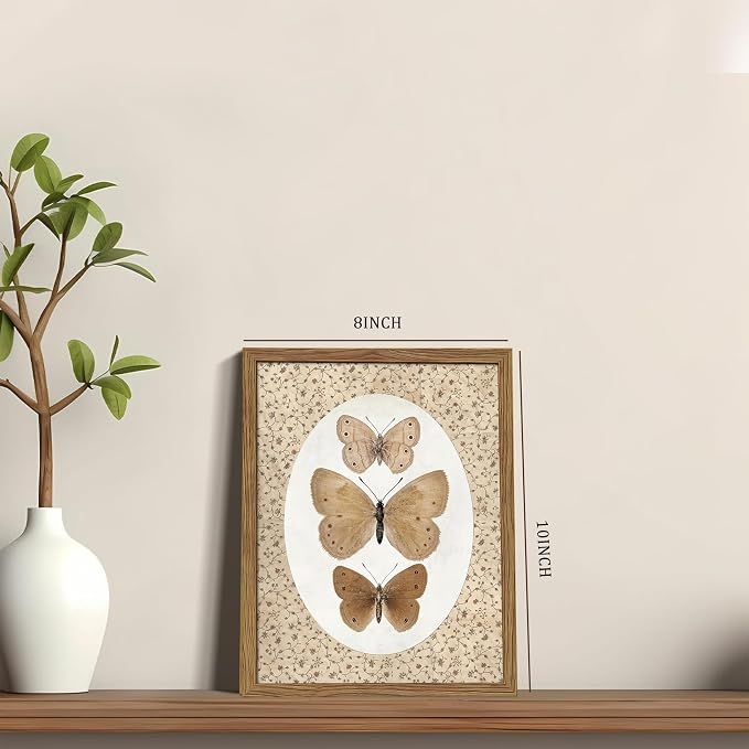 Framed Butterfly Canvas Wall Art, Vintage Butterfly Pictures Posters Wall Decor, Modern Farmhouse Decor, Rustic Retro Butterflies Paintings Prints for Bedroom Bathroom Shelf 8x10 inch
