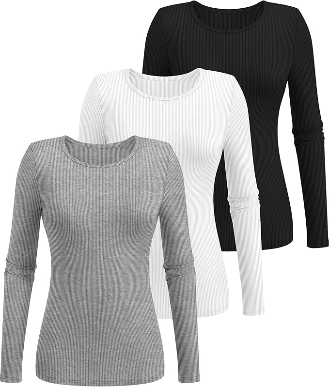 Ficerd 3 Pack Women's Ribbed Long Sleeve Tops, Crew Neck Slim Fit Undershirts Knit Basic Casual Stretch Layering Tee Shirts