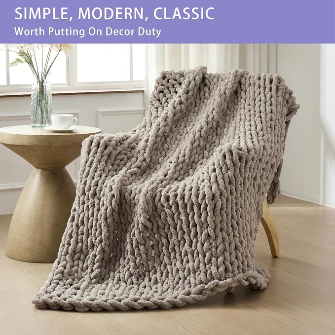 Bigacogo Chunky Knit Throw Blanket for Couch, 51x63 inches, Taupe | Hand Knit with Jumbo Chenille, Soft Breathable Cable Knit for Sofa Bed Living Room, Machine Washable, Gift for Mom Friend