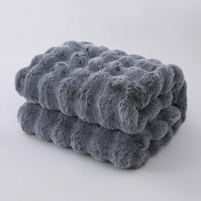 Super Comfort Oversized Warm Thick Bubble Luxury Plush Rabbit Faux Fur Throw Blanket, Fluffy Blanket,Soft Cozy Blanket for Couch Chair Bed Sofa Living Room (Cationic Grey, 50inX60in)
