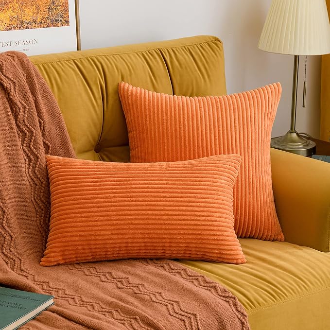 MIULEE Fall Lumbar Corduroy Throw Pillow Covers Set of 2 12x20 Orange | Decorative Striped Textured Cushion Cases, Boho Energetic Vibe Pillowcases, Home Decor for Couch Chair Sofa Bed Living Room