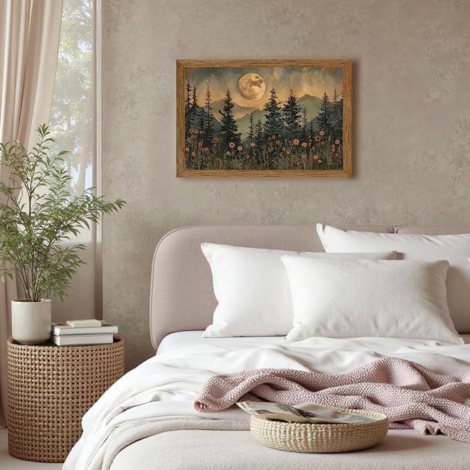 JLTULT Vintage Pine Tree Wall Art, Moonlit Wood-Framed Canvas, 16 x 24 In | Moonlit pine forest with wildflowers, fade-resistant canvas and ready-to-hang frame for bedrooms, living rooms and offices