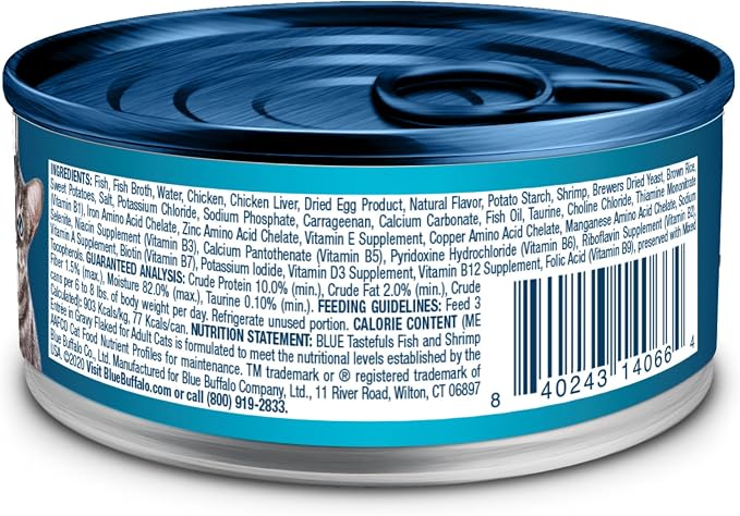 Blue Buffalo Tastefuls Fish & Shrimp Flaked Wet Cat Food, 3 oz, 24 ct | Real Fish First, Entrée in Gravy, No Chicken By-Product, Corn, Wheat, or Soy