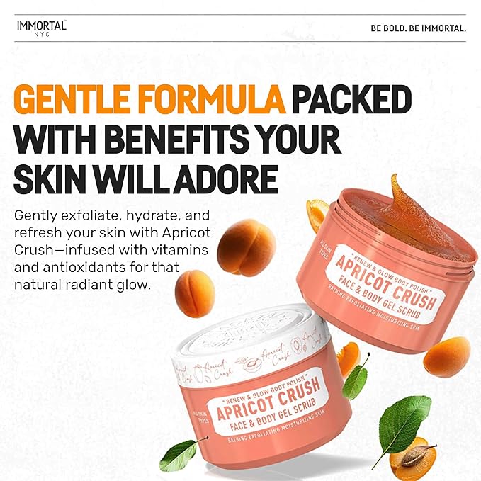 Immortal NYC - Apricot Crush Face & Body Scrub Mask Gel- Moisturizing and Exfoliating Body, Face, Hand, Foot Scrub - Fights Acne, Fine Lines & Wrinkles, Great Gifts For Women & Men - 10 oz