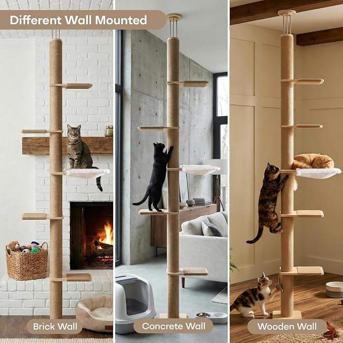 Floor to Ceiling Cat Tree,5 Tier Adjustable Height Climbing Tower | 6-10.1 FT with Sisal Scratching Posts, Cats Activity with Cozy Hammock for Indoor Cats (Floor to Ceiling)