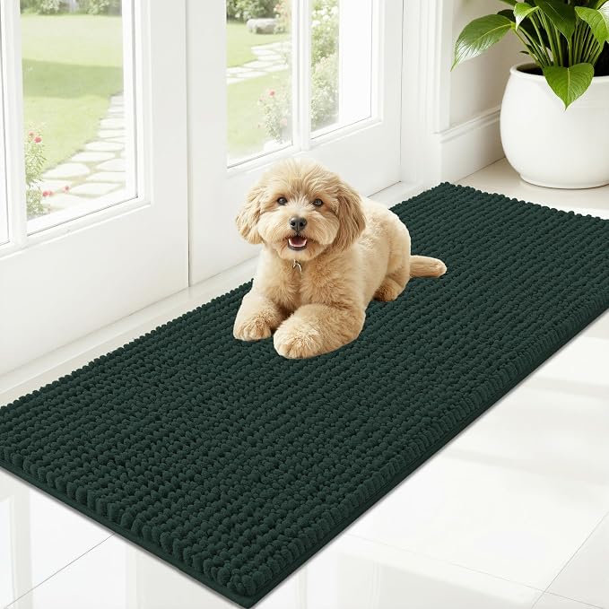 OLANLY Dog Door Mat for Muddy Paws 47x20, Extra Absorbent Chenille Mud Mat | Blackish Green, Absorbs Moisture and Dirt, Non-Slip Machine Washable Doormat, Quick-Drying Indoor Entryway Floor Mat for Dogs