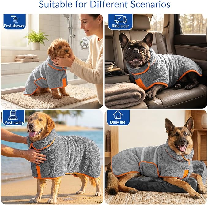 Bienbee Dog Bathrobe, Super Absorbent for Small to Large Dogs, Grey S | Dog Robes with Soft Fleece, Warm & Cozy, Adjustable Fit, and Quick Drying Coat for Baths Swimming and Grooming