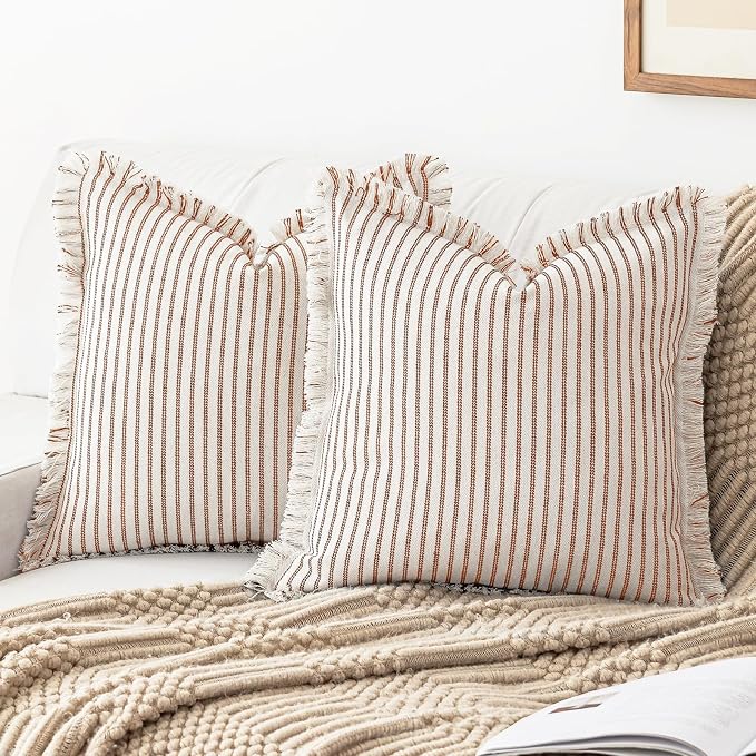 YEENAASY Throw Pillow Covers 18x18 Boho Striped Pillow Cases with Tassel | Set of 2 Fringe Pillow Cover Farmhouse Cushion Covers Neutral Pillows Decorative Square Pillowcase for Couch Sofa Bed, Rust