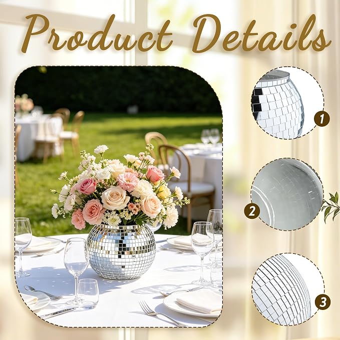 6 Pcs Disco Ball Vases,Plastic Disco Ball Centerpieces 6" X 6.7" Disco Ball Decor Silver Mirror Disco Ball Planter Can Be Used for Wedding Centerpieces,Birthday,Office