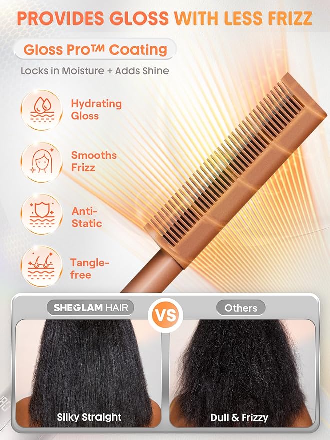 SHEGLAM Hot Comb Straightener Brush for Black Women Hair – 30s Fast Heating, 5 Temperature Settings, Dual Voltage, for Wigs, Insulated Protection Styler with Gloss Pro™ Coating