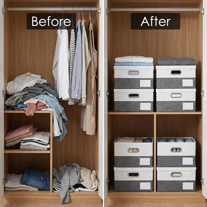 Storage Bins with Lids [3-Pack] Linen Fabric Foldable Storage Boxes Organizer Containers Baskets Cube with Cover for Bedroom Closet Office Grey&White（11.4X8.6X6.7