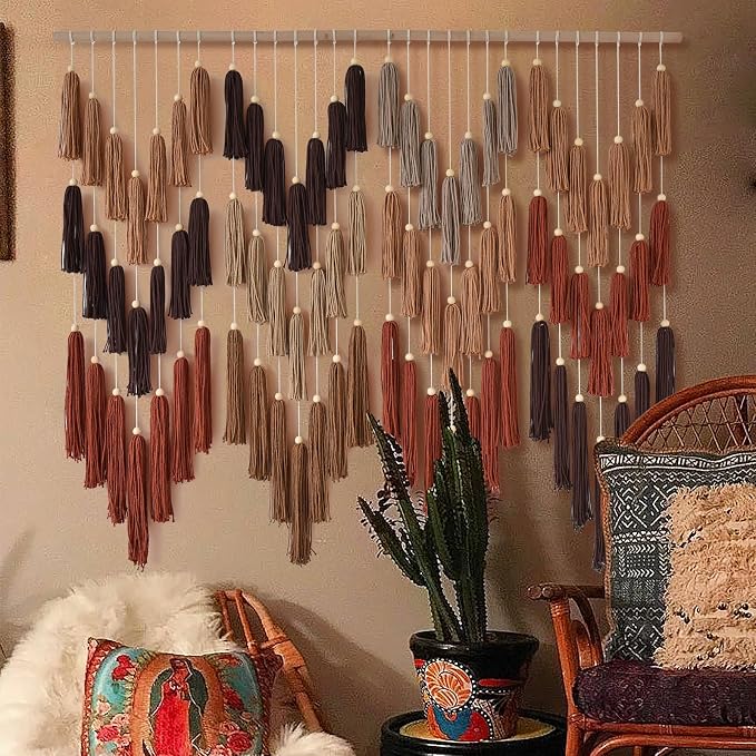 Macrame Wall Hanging Yarn Boho Handmade Wave Tassel Home Decor 47"W*39"L | For Bedroom Living Room Wall Art, Nursery Decor, Home Office Decoration, Farmhouse Style, Dorm Room Decor, Handmade Gift