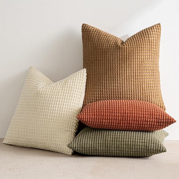 MIULEE Farmhouse Decorative Pillow Covers 16x16 Inch Set of 4 Brown Green | Modern Natural Rustic Throw Pillows, Neutral Warm Soft Corduroy Couch Pillowcases, Home Decor for Sofa Living Room Bed
