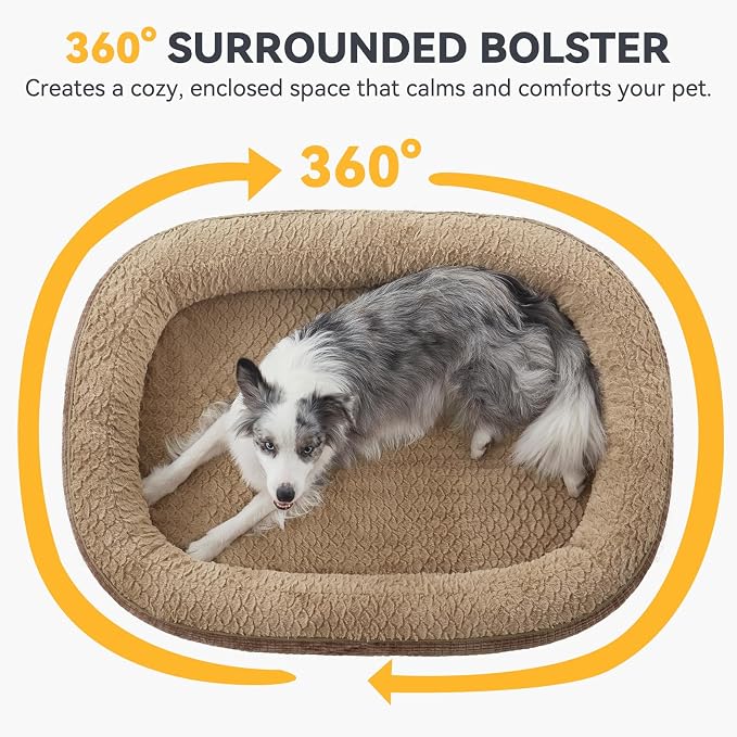 JOEJOY Orthopedic Dog Bed for Extra Large Dogs, XXL Egg-Crate Memory Foam Pet Bed with Bolster Sides, Waterproof Lining, Removable Washable Cover & Non-Slip Bottom, Brown