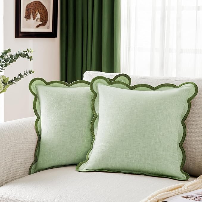 Ohocut Light Green Scalloped Pillow Cover Pack of 2 Spring Chenille Decorative Cute Boho Couch Throw Pillow Covers 20" x 20" Aesthetic Funky Preppy Pillow Cases for Sofa Living Room