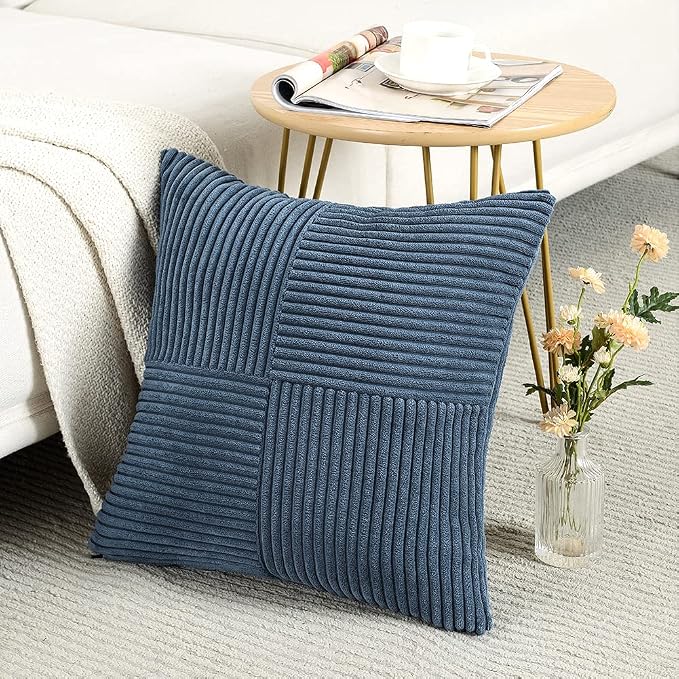 Fancy Homi Dusty Blue Decorative Throw Pillow Covers 16x16 Inch for Living Room Couch Bed Sofa, Farmhouse Boho Home Decor, Soft Corss Patchwork Corduroy Textured Square Cushion Case 40x40 cm
