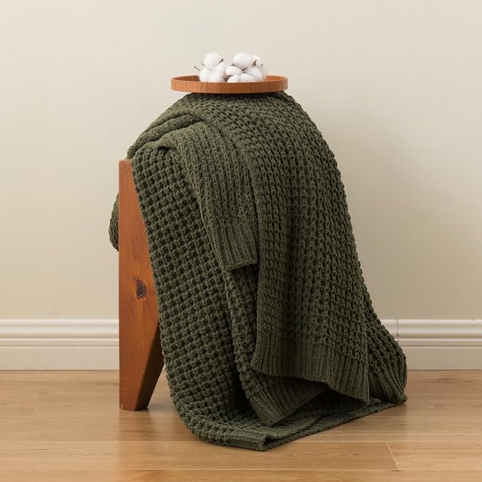 Olive Green Throw Blanket for Couch, Waffle Knit Blanket Throw 60"x80" | Chunky Chenille Throw Blanket, Soft Dark Green Throw Blanket for Home Decor, Sofa, Men, Modern Farmhouse Knitted Style