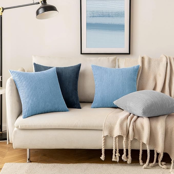 MIULEE Decorative Corduroy Throw Pillow Covers Set of 2 18x18 Light Blue | Soft Striped Textured Cushion Cases, Boho Energetic Vibe Pillowcases for Home Decor, for Couch Chair Sofa Bed Living Room