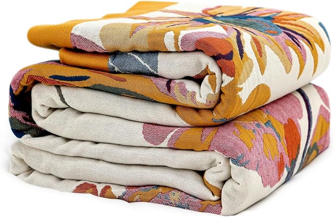 LUTBM King Throw Blanket for Bed -100% Cotton Soft Boho Summer Blankets | 90"x108" Reversible Floral Butterfly Bedspread, All-Season, For Chair Sofa Couch Bedroom Decor, Lightweight Breathable Quilt