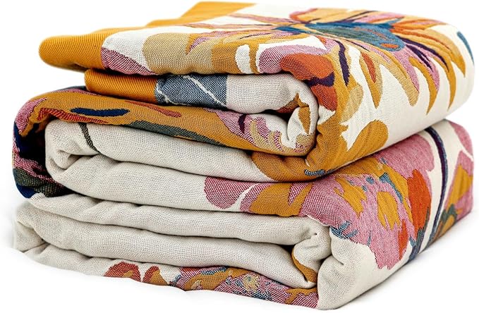 LUTBM Queen Throw Blanket for Bed, 100% Cotton Boho Breathable Summer Quilt | Reversible 90"x90" Floral Butterfly Blankets, Soft All-Season Lightweight Bedspread, For Chair Sofa Couch Bedroom, Home Decor
