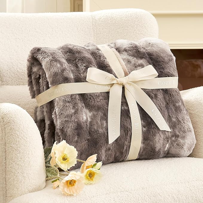 Cozy Bliss Deluxe Striped Rabbit Faux Fur Throw Blanket, Soft Fluffy Warm Plush Blanket for Winter, Modern Homr Decor, Tie-dye Grey 50"x60"