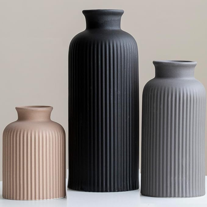 Large Modern Ceramic Vase Set, Black Ribbed Matte Finish, 3-Piece Decorative Vases for Home Living Room Office, 10 inch Tall, 4 inch Width (XL Black Mix)