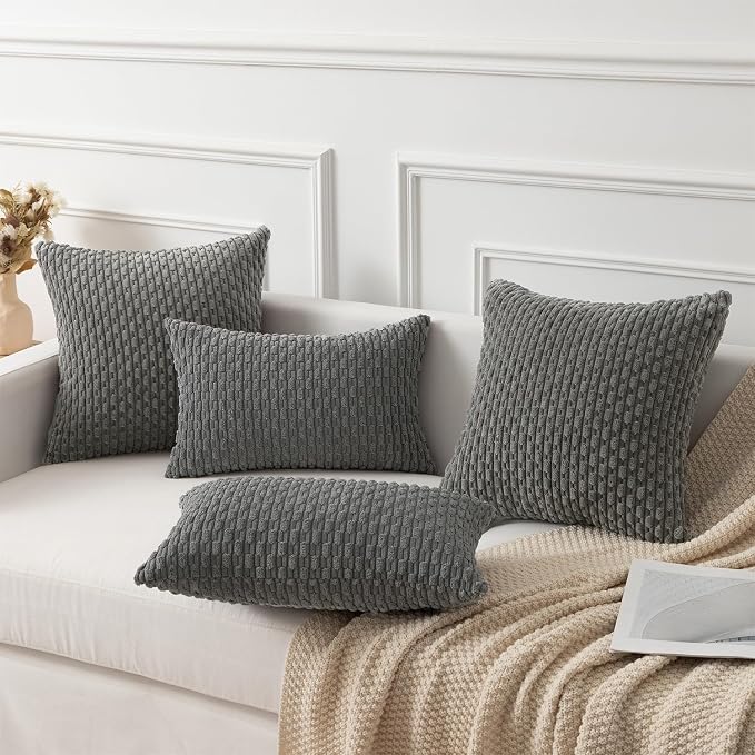 Kevin Textile Soft Corduroy 12"x20" Lumbar Pillow Cover 1 Pack, Dark Grey | Boho Stripe Plush Corduroy Decorative Oblong Cushion Cover Modern Farmhouse Home Decor for Sofa Couch Bed Chair