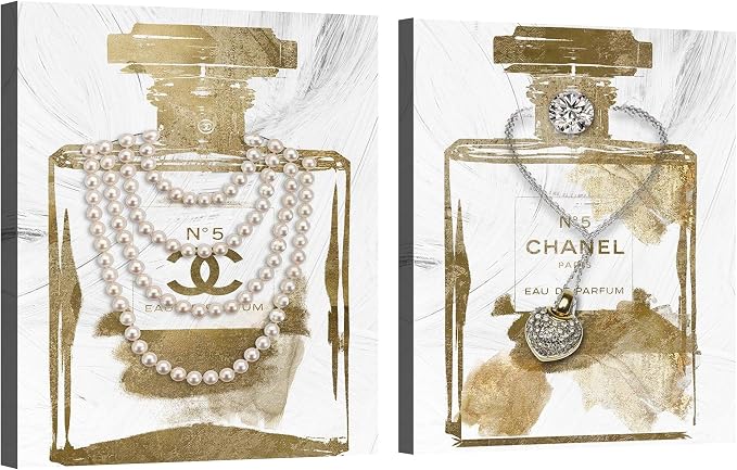 2 pieces Vintage Perfume Bottle Canvas Wall Art Modern Luxury Posters Print Fashion Glam Poster Picture for Bedroom Make up Room Home Decor 24"x36"