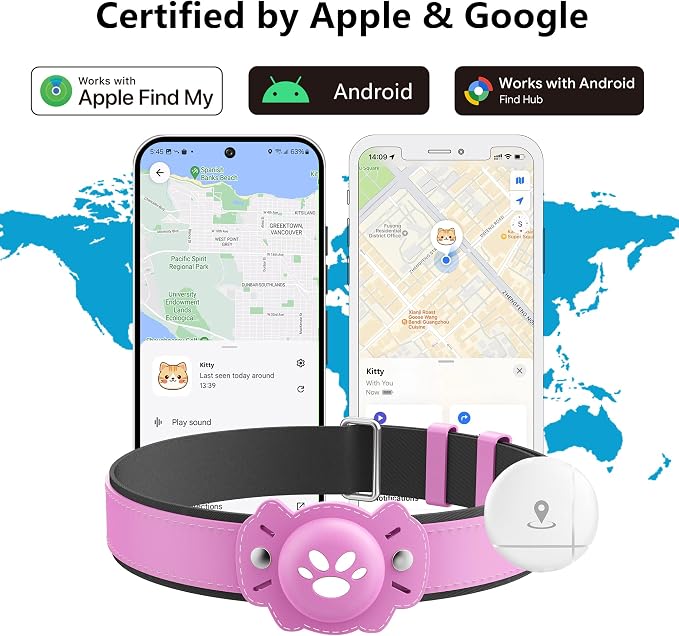 2-in-1 GPS Tracker for Cats: Smart Pet Collar with Real-Time Tracking,No Monthly Fee/Subscription (iOS & Android) Waterproof, Anti-Lost,365-Day Long Battery Life GPS Tracker Cat Collar (Pink)