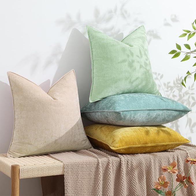 decorUhome Spring Couch Throw Pillow Covers 18x18 Set of 2, Decorative Soft Velvet Neutral Chenille Pillow Covers with Elegant Design for Sofa Bed Living Room Home Decor, Beige (Pack of 2)