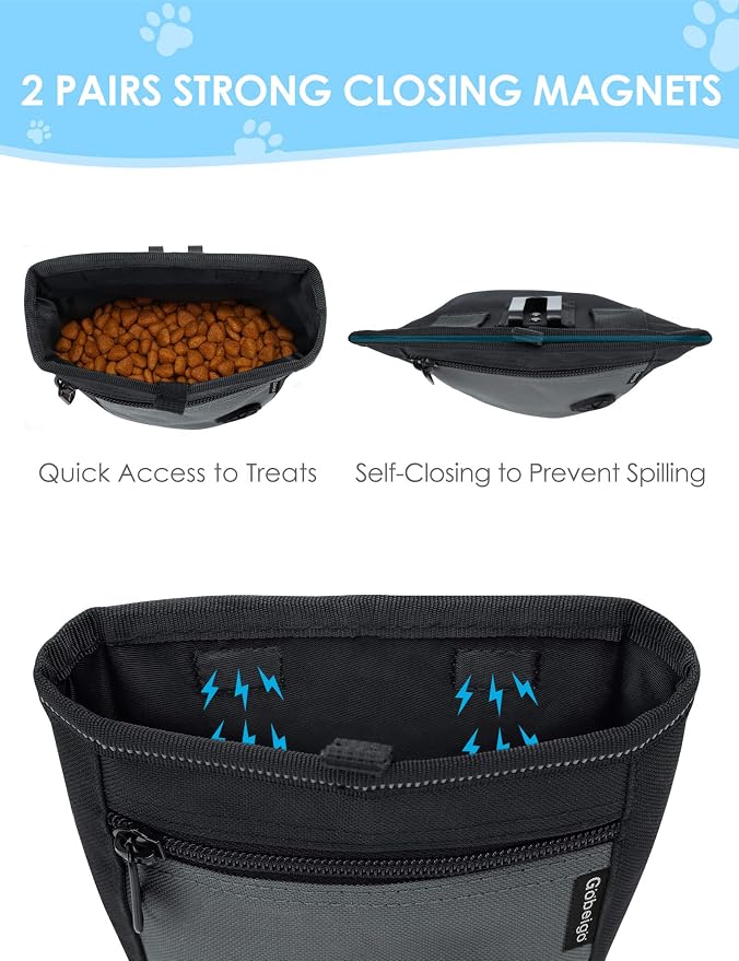 Gobeigo 2 Cup Dog Treat Pouch with Training Clicker(Black/Gray) | 2 Pair Magnetic Closures, Zipper Pocket with Poop Bag Holder, Waist Belt & Metal Clip to Wear for Pet Training/Daily Walking