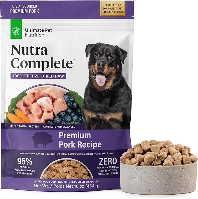 ULTIMATE PET NUTRITION Nutra Complete Freeze-Dried Raw Dog Food, Pork 1lb | Vet-formulated with antioxidants, prebiotics, & amino acids, full meal or topper for adult canines, all breeds & sizes