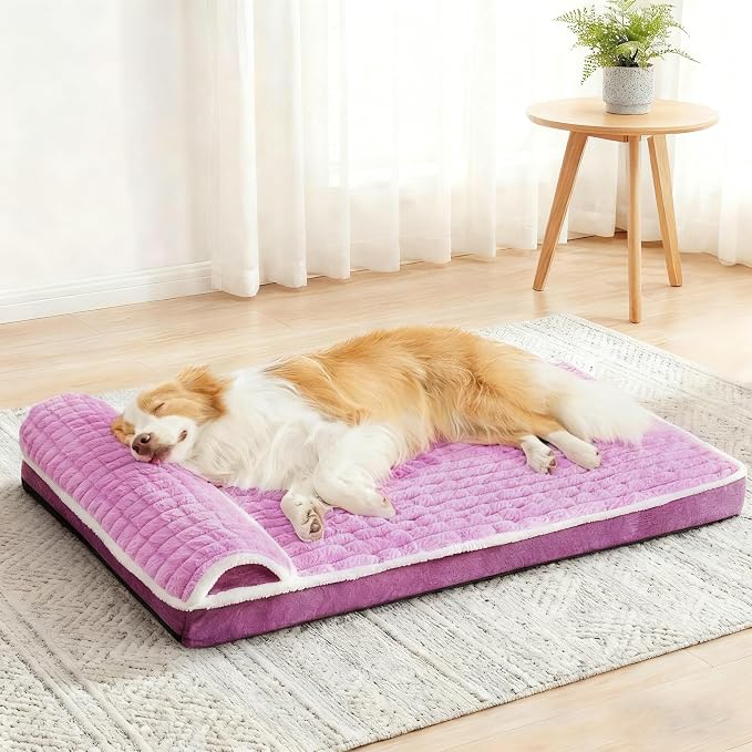 Orthopedic Large Dog Bed Pillow Pet Sofa Bed 56''X40'' Lilac | Egg-Crate Foam Pet Couch Large Sized Dog, Waterproof Removable Washable Cover,Furry Puppy Crate Mat With Nonskid Bottom