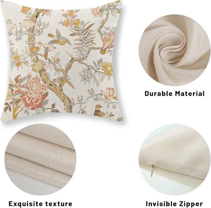 Chinoiserie Pillow Covers 18x18 Set of 2 Yellow Floral Bird Throw Pillows Green Vintage Flowers Bird Decorative Pillowcase Outdoor Chinoiserie Decoration Farmhouse Cushion Case for Couch Home
