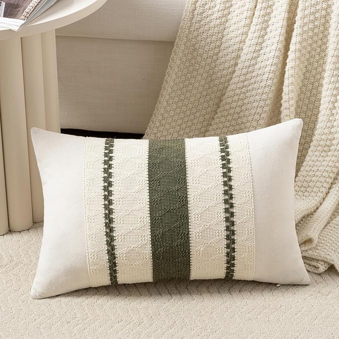 Fancy Homi Set of 2 Boho Olive Green Long Lumbar Decorative Throw Pillow Cover 16x24 Inch for Couch Bed Sofa Chair, Modern Organic Farmhouse Home Decor, Soft Cotton Cute Accent Rectangle Cushion Case