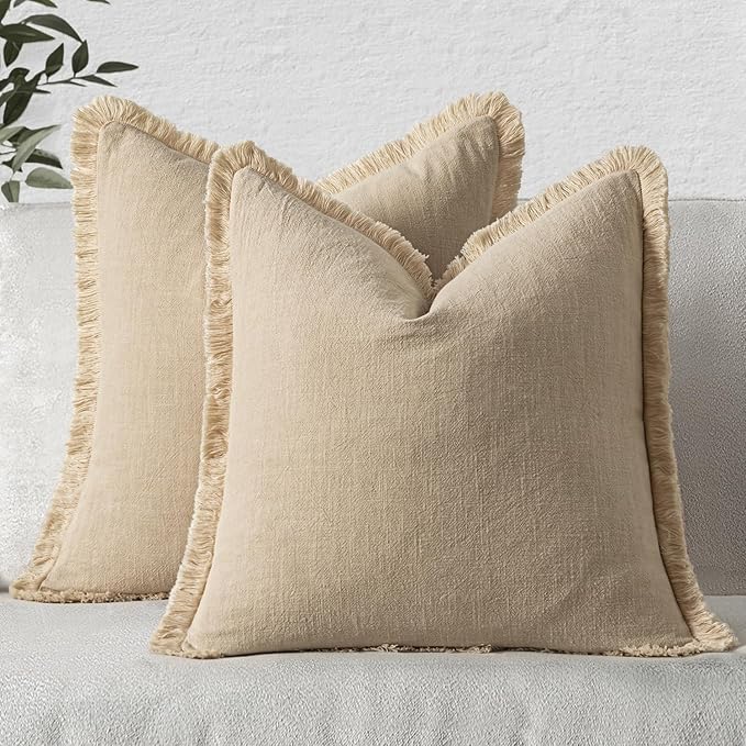 MIULEE Boho Linen Fringe Decorative Euro Throw Pillow Covers Beige 22x22 | Set of 2, Cottagecore Decor, Boho Farmhouse Neutral Pillow Covers, Rustic Couch Cushion Cases for Sofa Bed Living Room