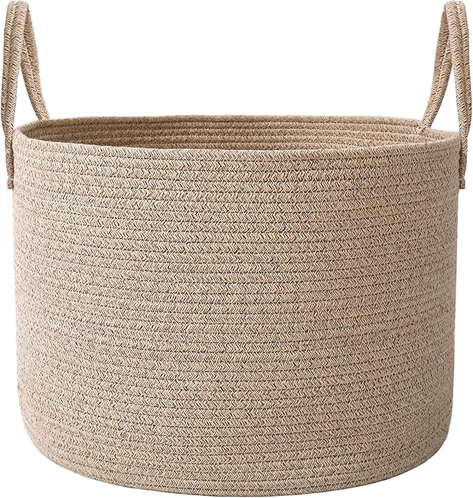 JMvicyroam 65L Extra Large Machine Washable Cotton Rope Blanket Basket | Collapsible Laundry Hamper, Reinforced Handles, For Blankets, Pillows, Toys and Clothes, Living Room and Bedroom, Oatmeal