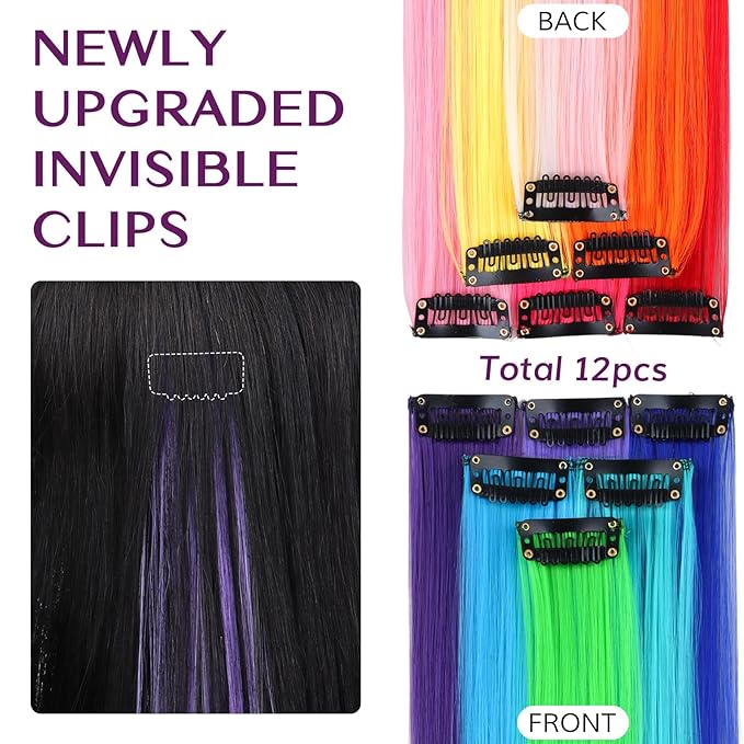 IDN BEAUTY Colored Clip in Hair Extension, 12PCS Rainbow 24Inch Invisible Clip Straight Synthetic Hair Pieces for Women, Hair Accessories for Party Cosplay Travel Birthday