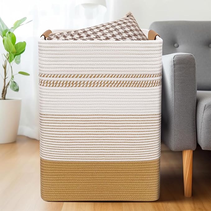 Laundry Hamper, 85L Cotton Rope Laundry Basket, Jute & White | Foldable nursery hamper with leather handles; store blankets, toys, baby clothes and laundry in bedroom or living room