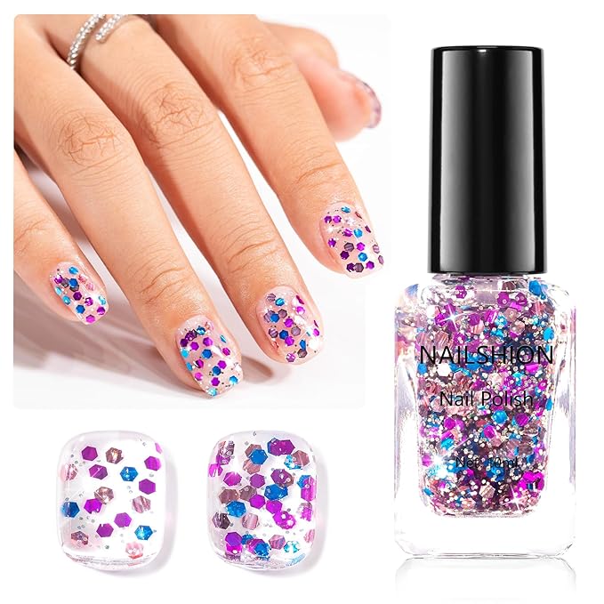 Confetti Nail Polish, Purple Blue Rose Gold Glitter Sparkle Nail Polishes with Hexagon Glitter, Rich in Castor Oil, Air Dry No Need U/V Lamp, Iridescent Geometric Nails Art Home DIY Gift
