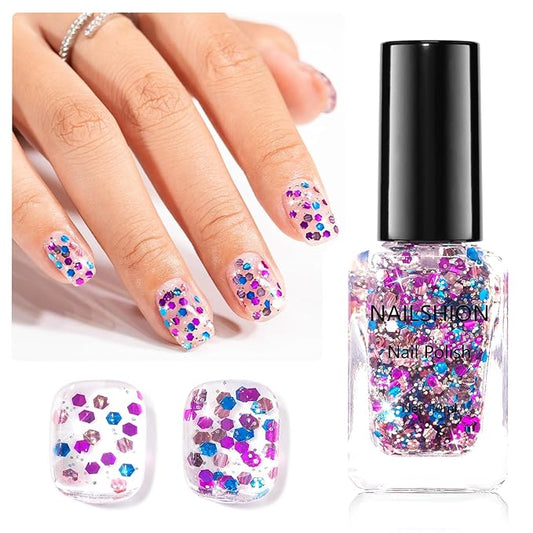Confetti Nail Polish, Purple Blue Rose Gold Glitter Sparkle Nail Polishes with Hexagon Glitter, Rich in Castor Oil, Air Dry No Need U/V Lamp, Iridescent Geometric Nails Art Home DIY Gift
